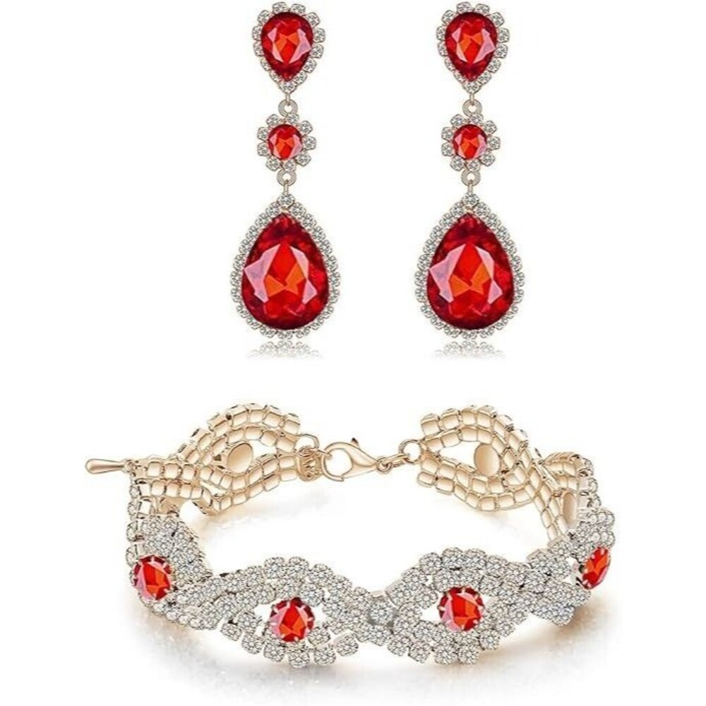 Earrings Bracelet Set - Crystal Stone Dangle Drop Earrings Link Tennis Bracelet